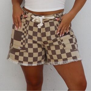 Checkered Brown and Tan Women Shorts